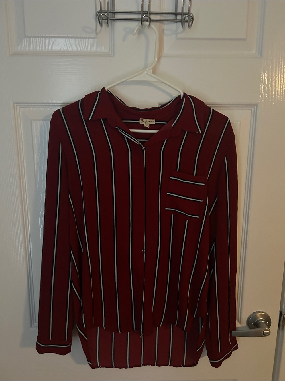 Lily White Burgundy Vertical Stripe Button-Down Blouse